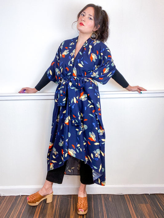 Print High Low Kimono Navy Floral Vine Rayon Challis