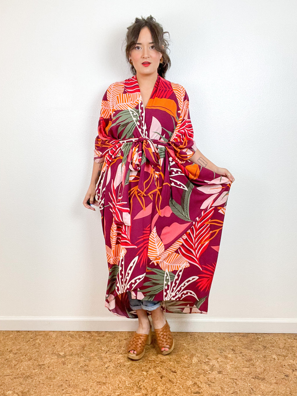 Print High Low Kimono Maroon Mod Leaves Challis