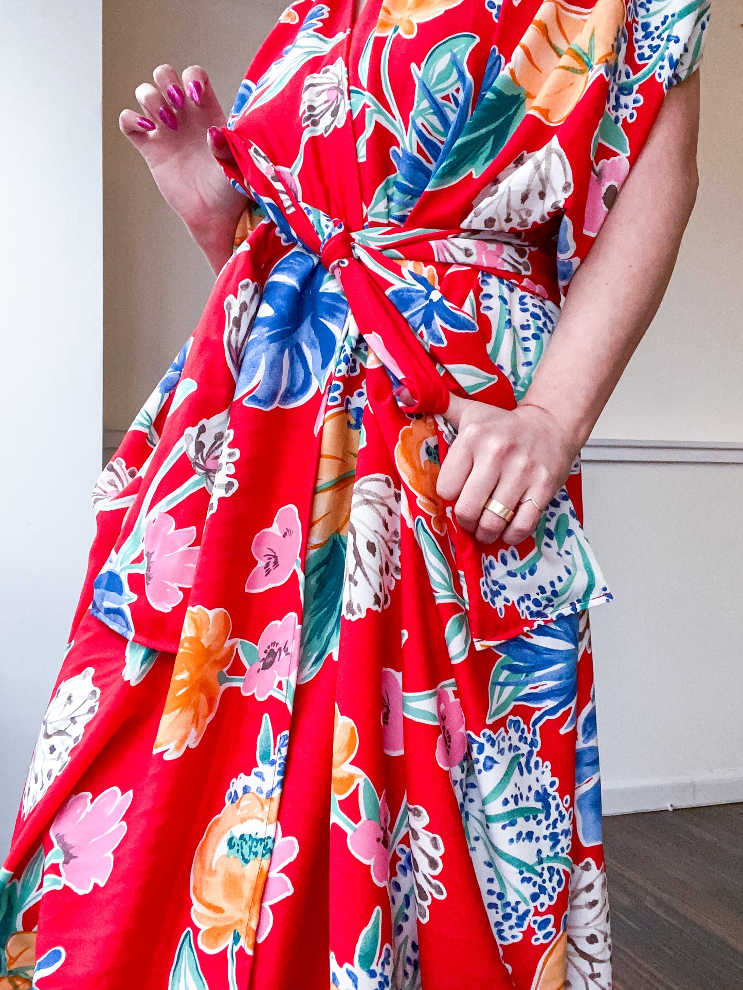 Print High Low Kimono Red Tropical