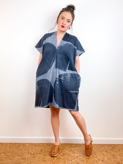 Chambray Smock Dress Hand-Dyed Black Brushstrokes