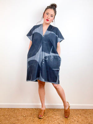 Chambray Smock Dress Hand-Dyed Black Brushstrokes