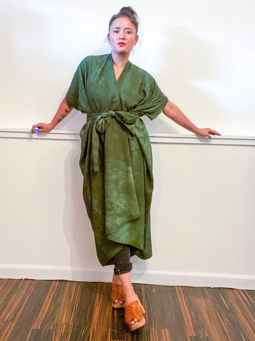 Hand-Dyed High Low Kimono Almost Solid Green