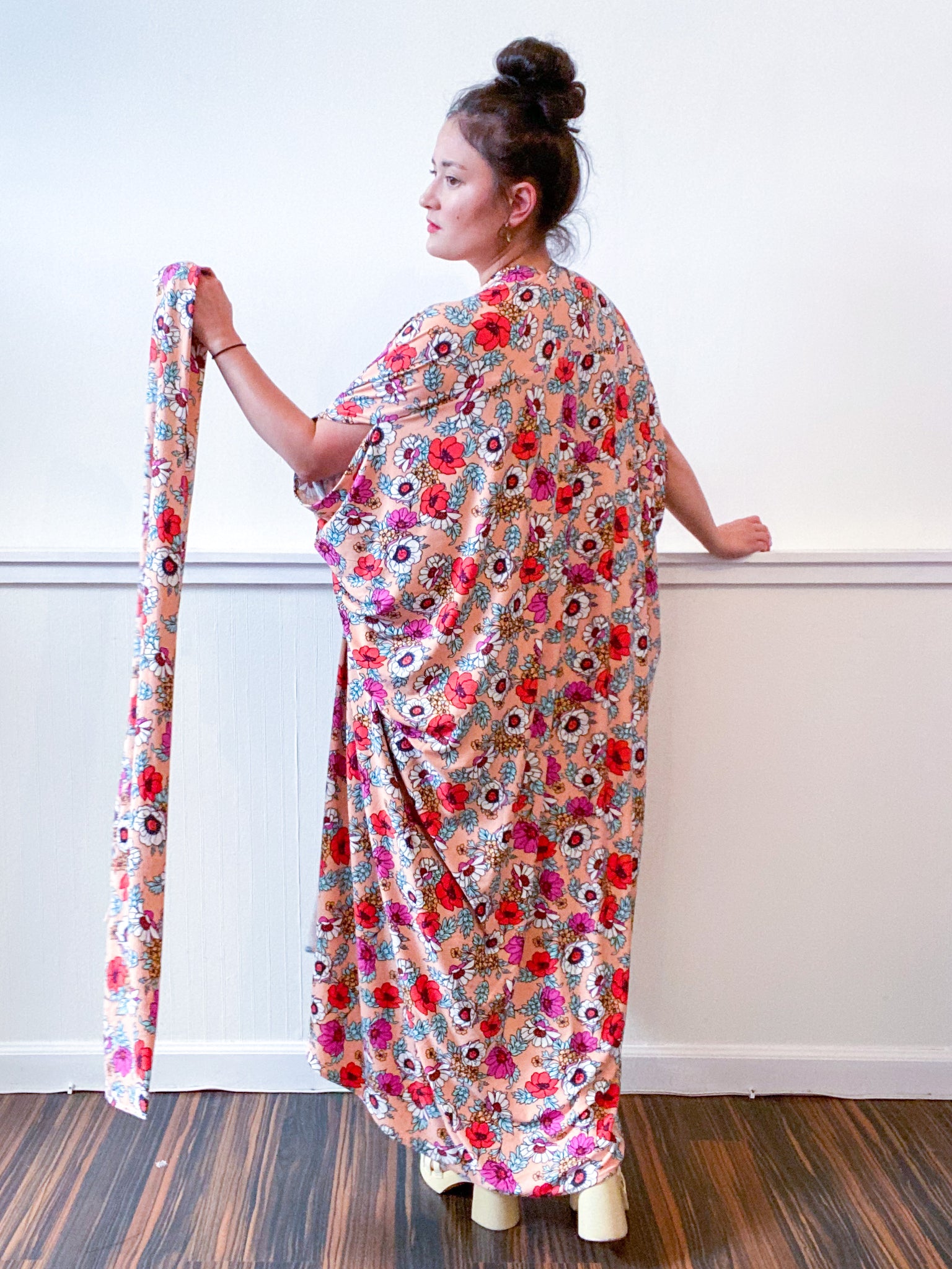 Print High Low Kimono Peach Floral Knit