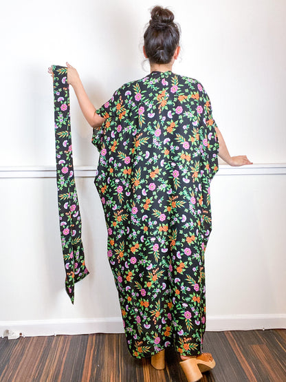 Print High Low Kimono Black Green Floral Georgette