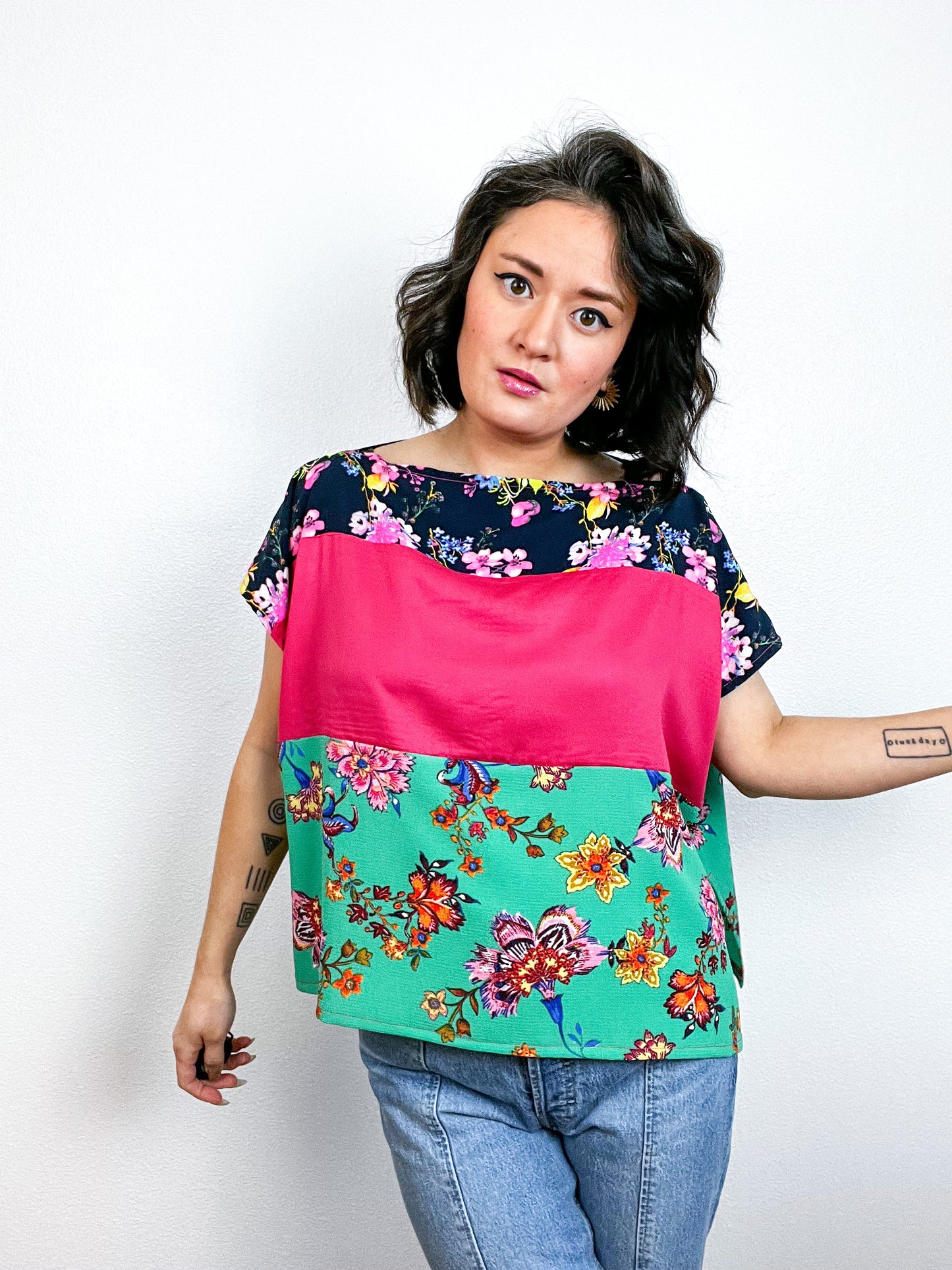 Scrappy Crop Navy Pink Green Floral