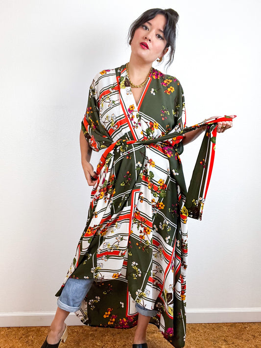 Print High Low Kimono Olive Retro Floral Bubble Crepe