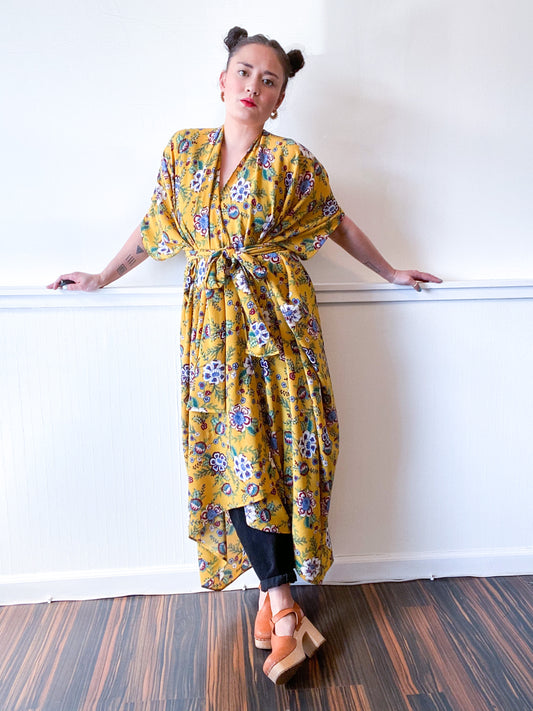 Print High Low Kimono Marigold Floral Bubble Crepe