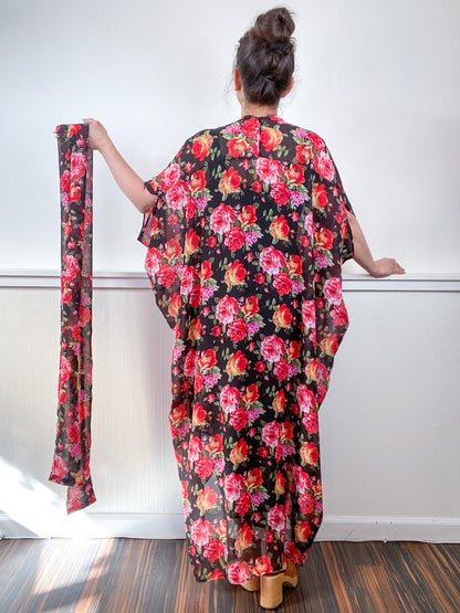 Print High Low Kimono Black Red Rose Floral Chiffon
