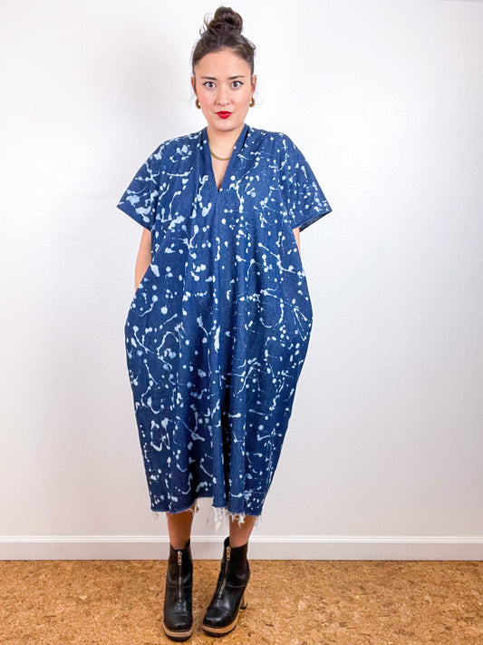 Denim Smock Dress Midi Bleach Speckles