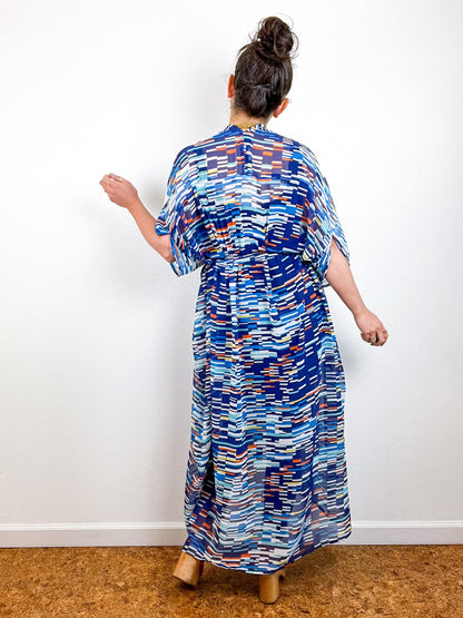 Print High Low Kimono Blue Orange Lines Chiffon
