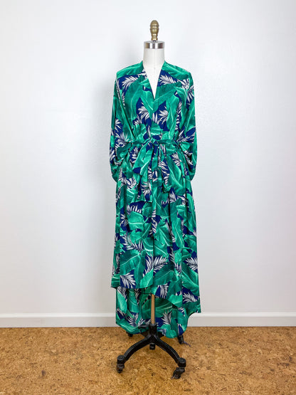 Print High Low Kimono Navy Green Palms Bubble Crepe