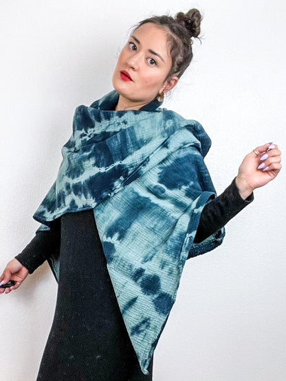 Hand-Dyed Cotton Blanket Scarf Sage Teal Lines