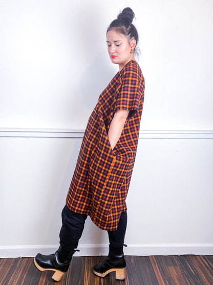 Plaid Smock Dress Orange Maroon Check