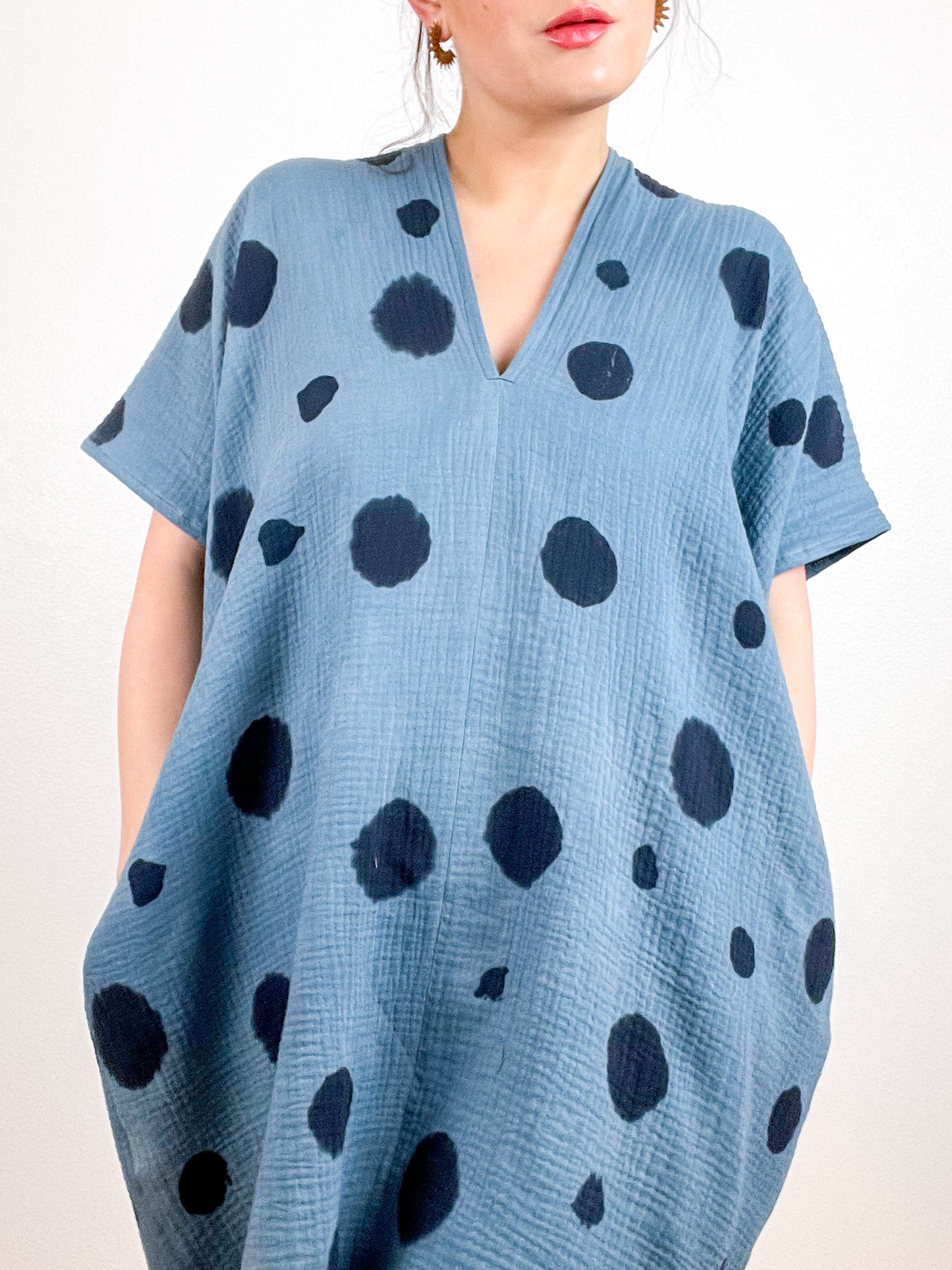 Hand-Dyed Double Gauze Smock Dress Spruce Dots