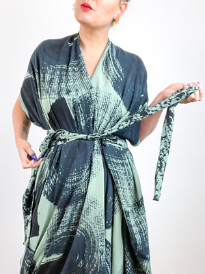 Hand-Dyed High Low Kimono Sage Black Brushstroke