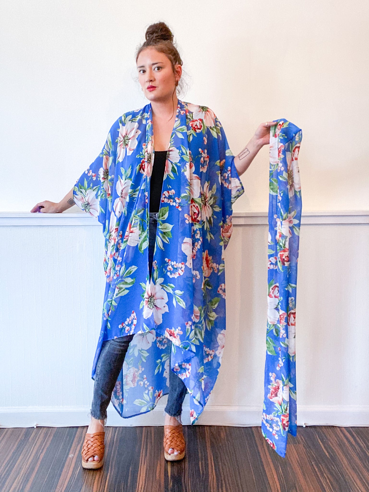Print High Low Kimono Turquoise Tropical Floral Chiffon