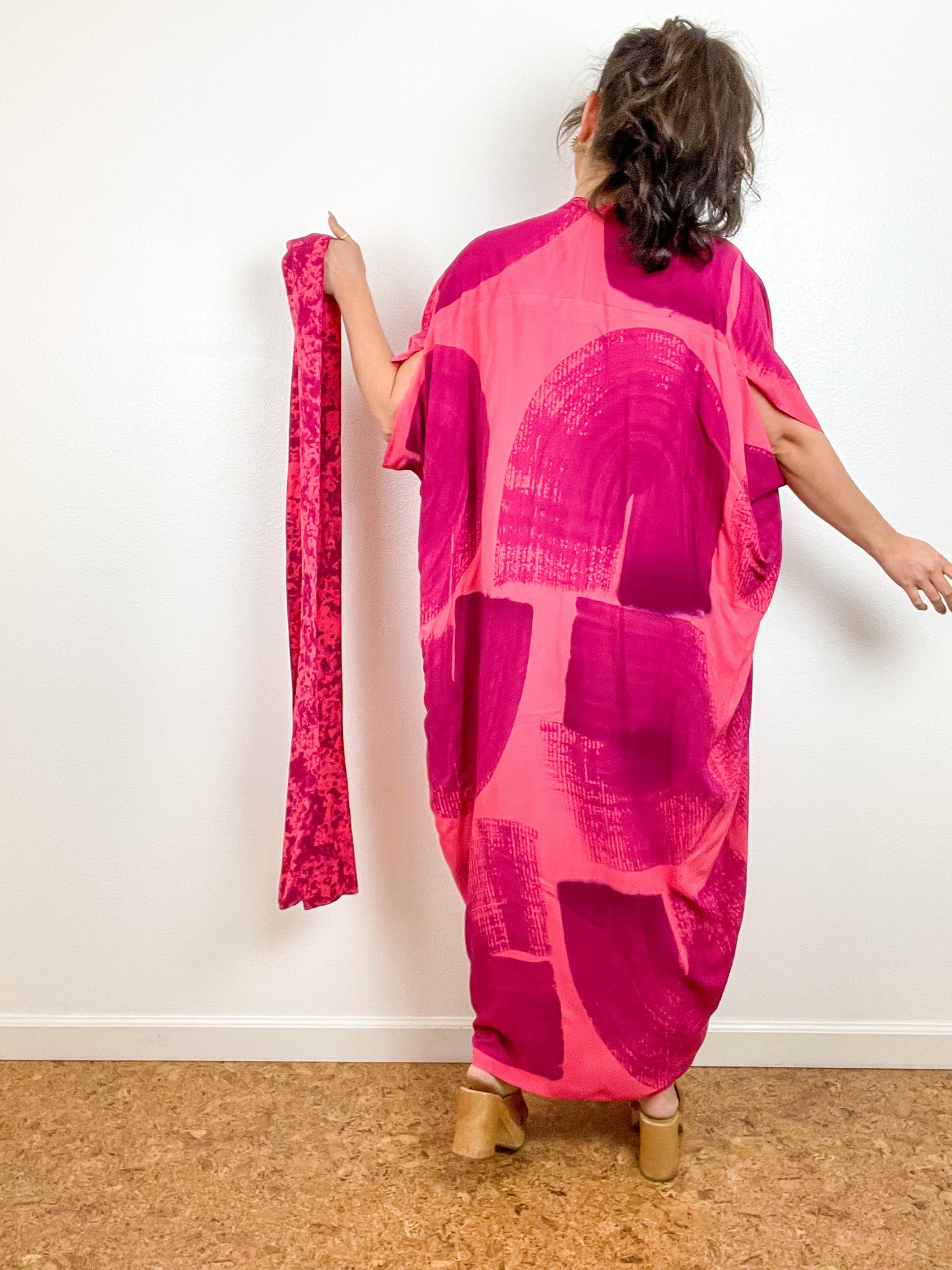 Hand-Dyed High Low Kimono Coral Maroon Brushstroke