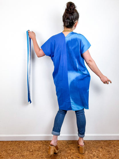 Single Gauze Mini Caftan Dress Turquoise Royal Brushstrokes