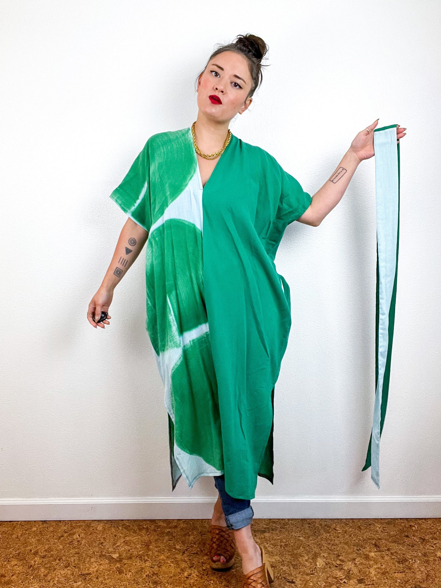 Single Gauze Midi Caftan Dress Green Aqua Brushstrokes