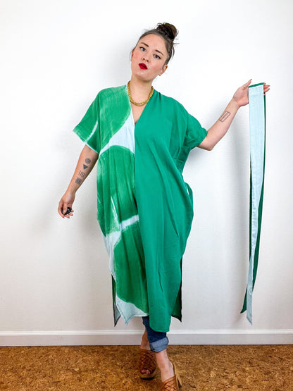 Single Gauze Midi Caftan Dress Green Aqua Brushstrokes