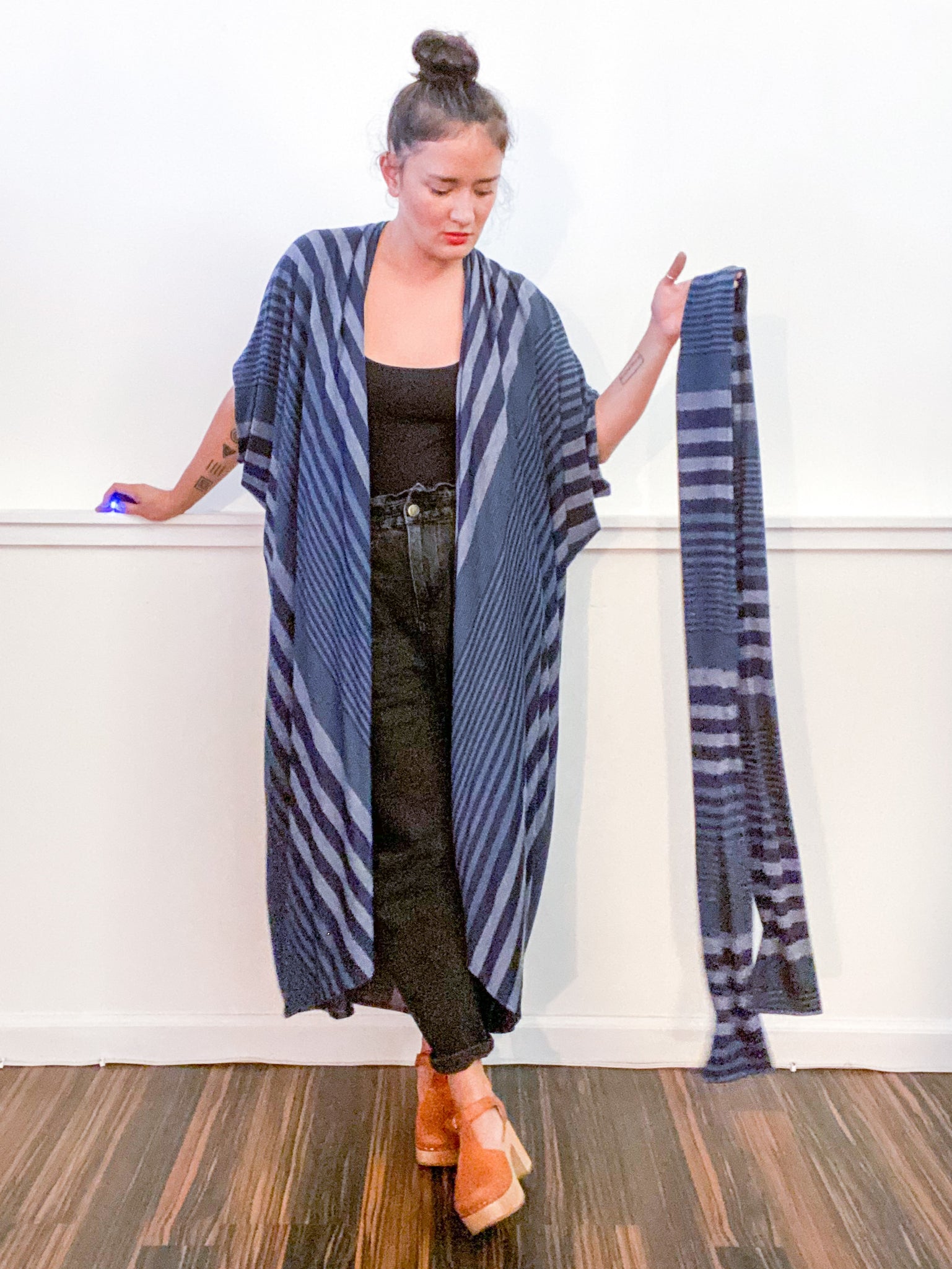 Print High Low Kimono Navy Stripes Knit