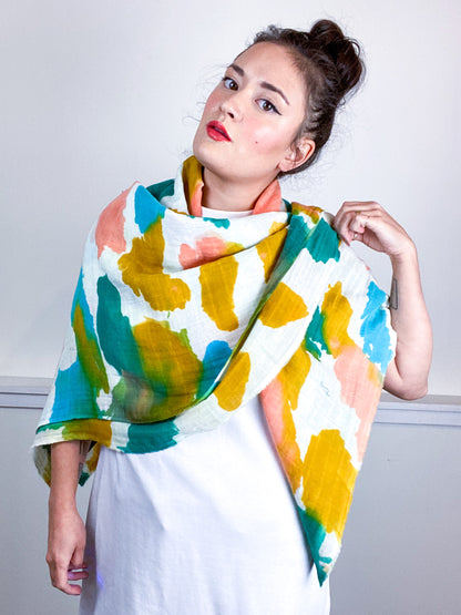 Hand-Dyed Large Square Scarf Marigold Coral Emerald Parakeet