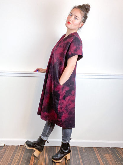 Over-Dye Herringbone Smock Dress Black Red Midi