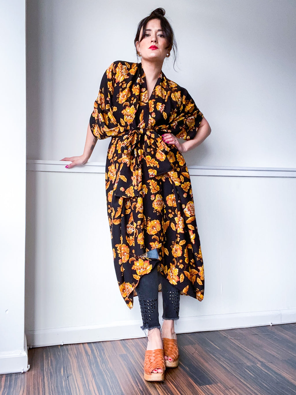 Print High Low Kimono Goldenrod Leaves