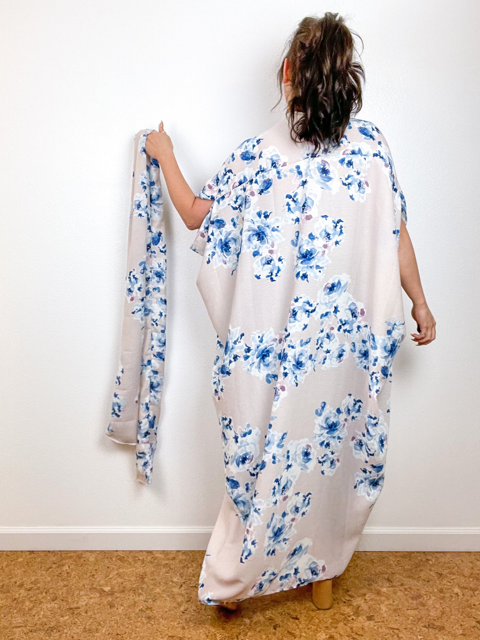 Print High Low Kimono Blush Blue Floral Crinkle Gauze