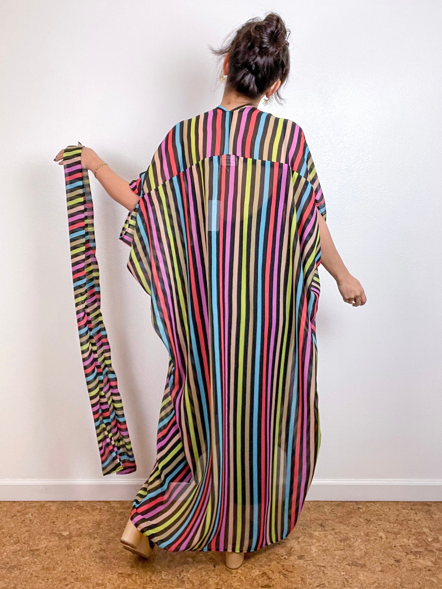 Print High Low Kimono Rainbow Stripe Chiffon