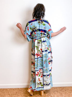 Print High Low Kimono Floral Frames Bubble Crepe