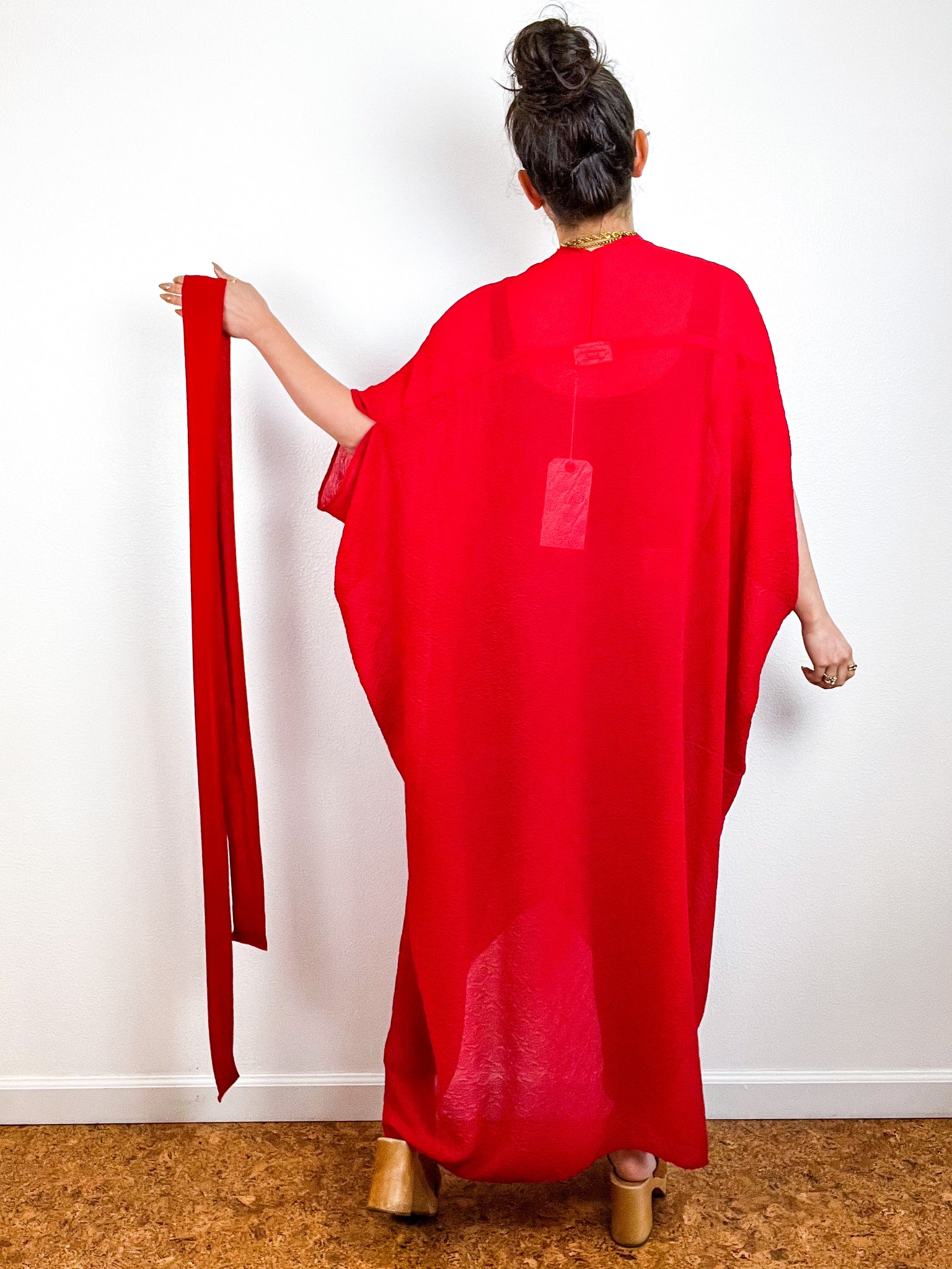 Solid High Low Kimono Red Jacquard Chiffon