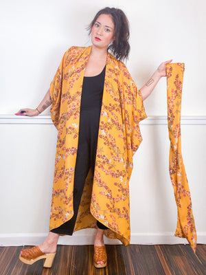 Print High Low Kimono Marigold Floral Satin Crepe