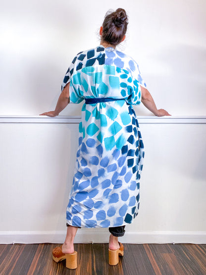 OOAK Hand-Dyed High Low Kimono Teal Parakeet Baby Blue Aqua Dots