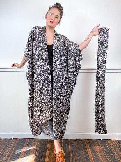Print High Low Kimono Black White Petals Challis