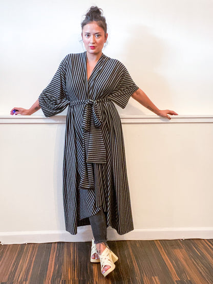 Print High Low Kimono Black Grey Pinstripe Knit