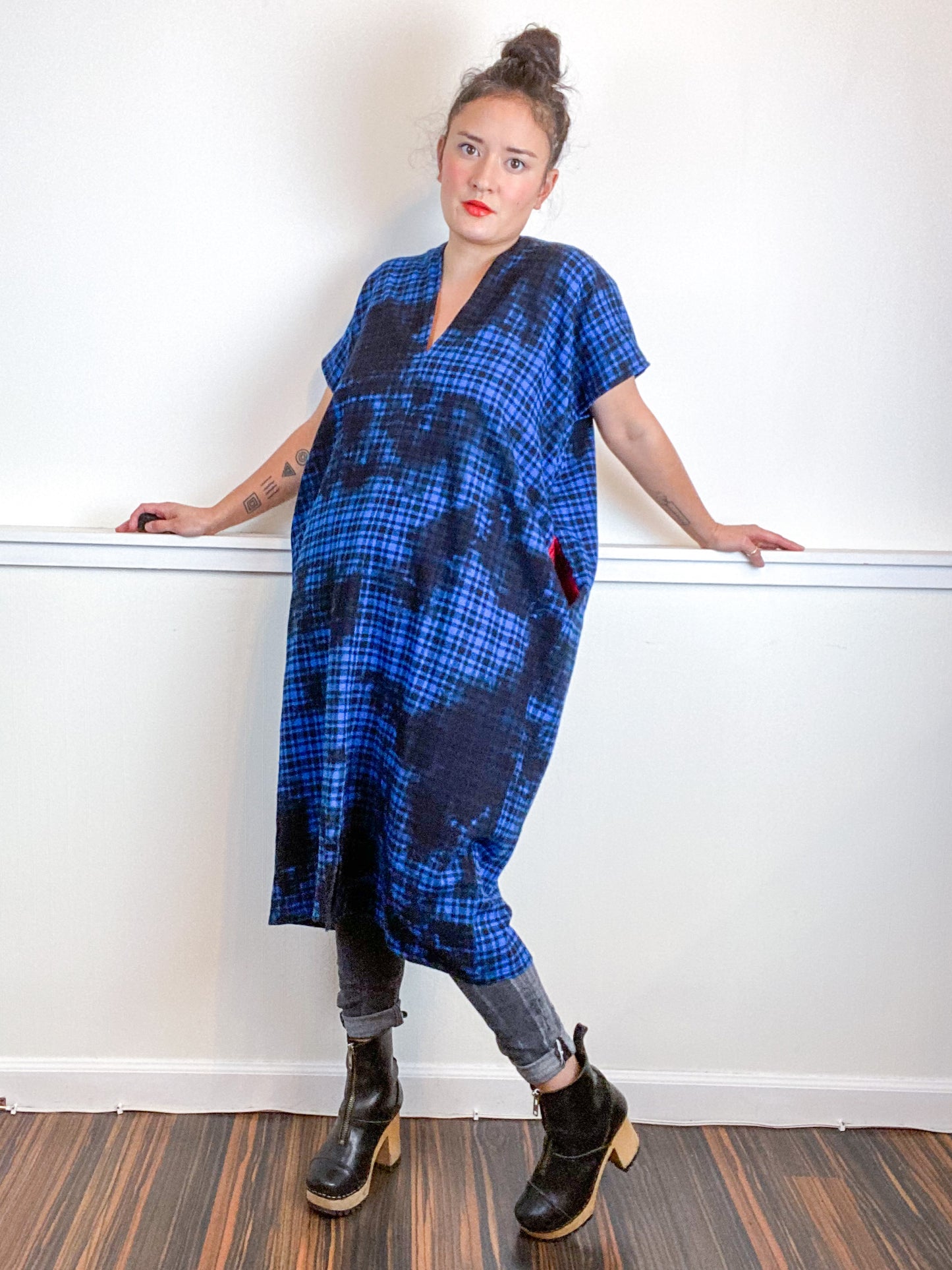 Over-Dye Plaid Smock Dress Black Blue Midi