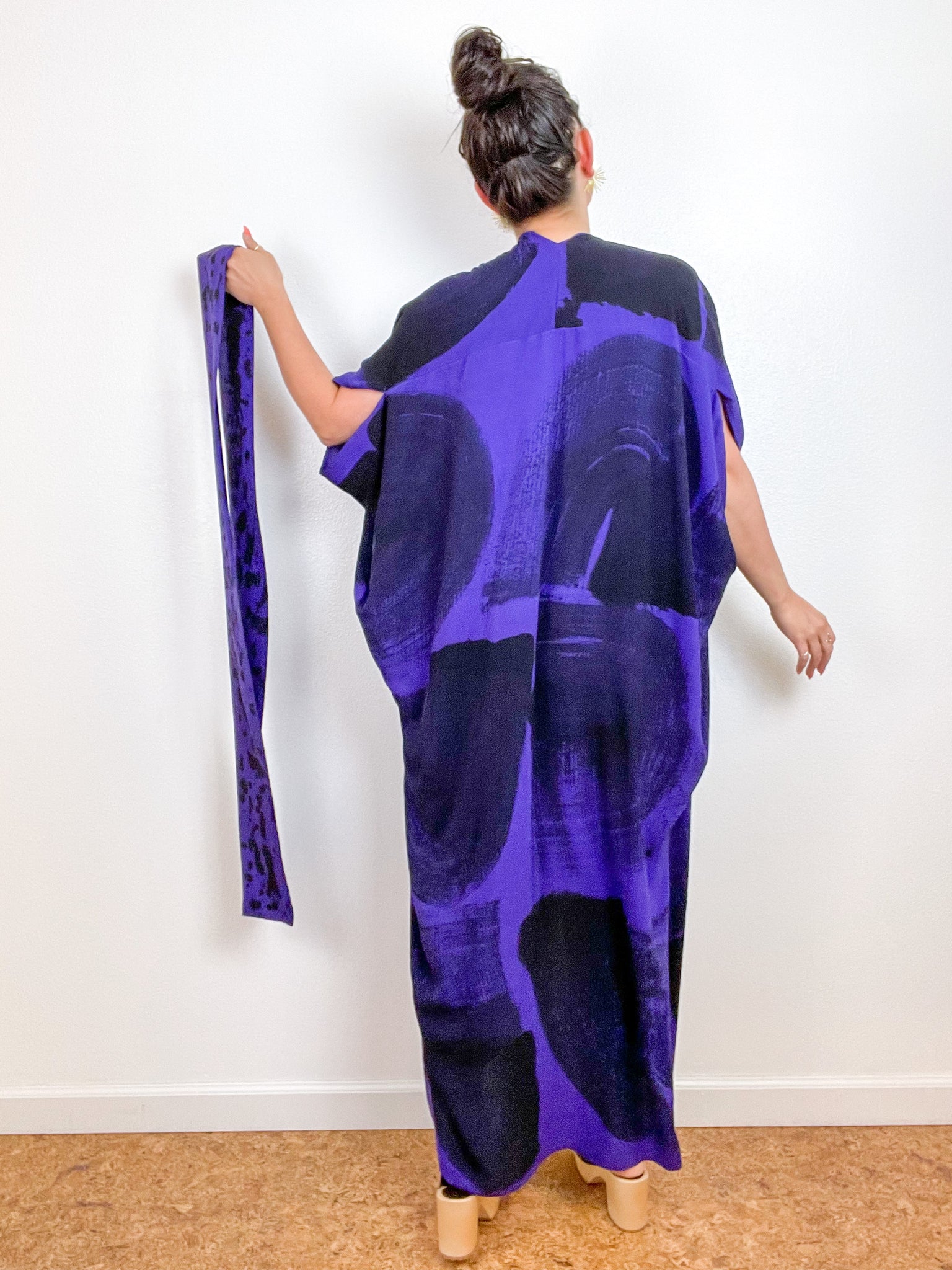 Hand-Dyed High Low Kimono Purple Black Brushstroke
