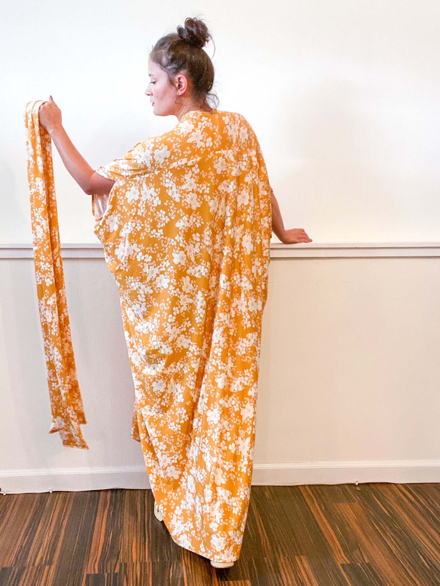 Print High Low Kimono Marigold Floral Knit