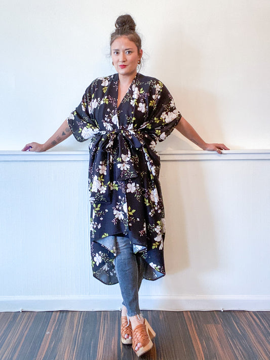 Print High Low Kimono Black Floral Rayon Challis