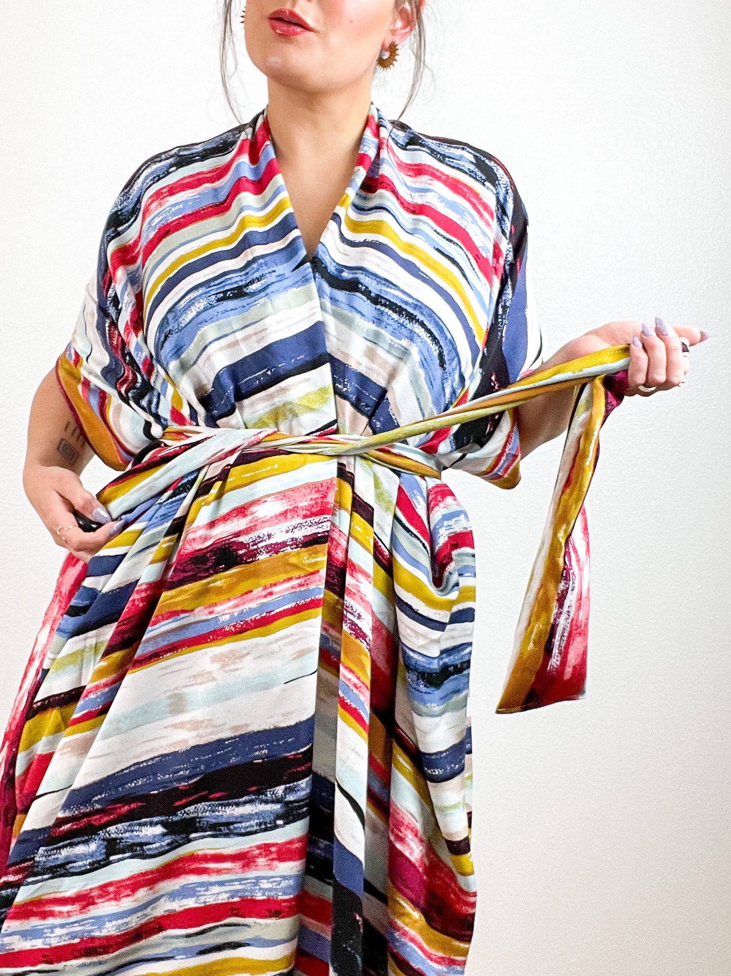 High Low Kimono Painterly Stripes Rayon Challis