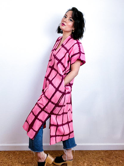 Hand-Dyed Midi Smock Dress Pink Maroon Windowpane