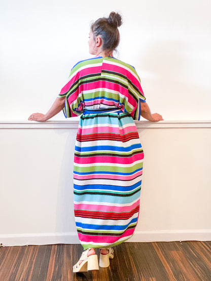 Print High Low Kimono Pink Lime Stripe Bubble Crepe