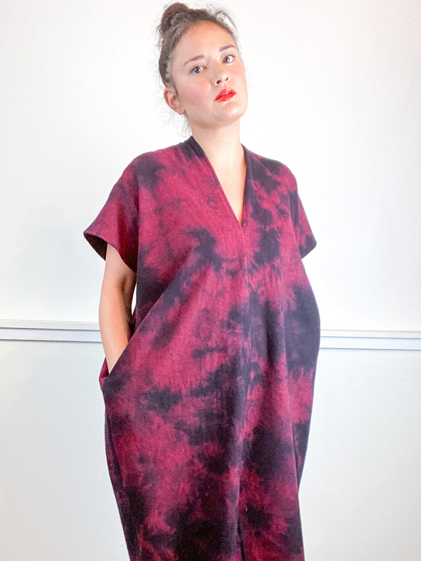 Over-Dye Herringbone Smock Dress Black Red Midi