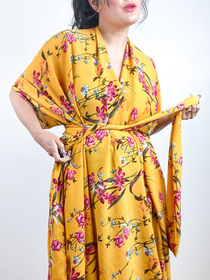 Print High Low Kimono Marigold Floral Bubble Crepe