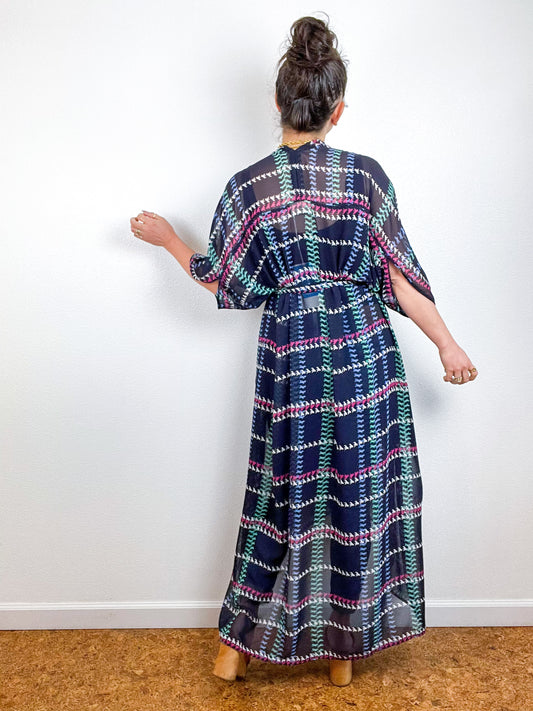 Print High Low Kimono Pony Plaid Chiffon