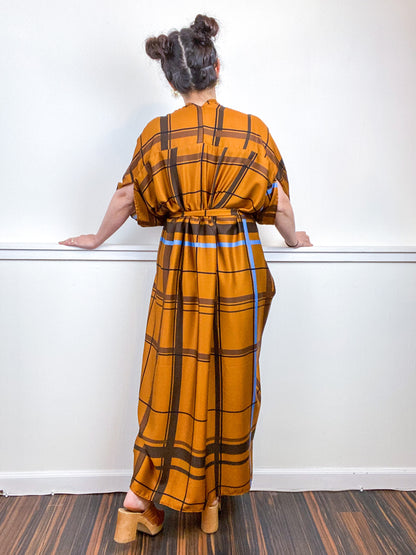 Print High Low Kimono Bronze Plaid Challis