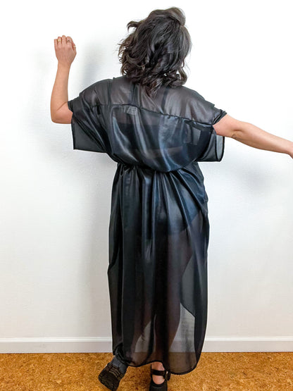Solid High Low Kimono Black Leather Look Chiffon