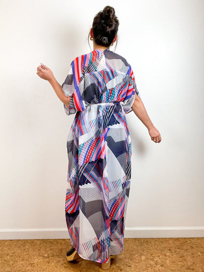 Print High Low Kimono Graphic Diagonals Chiffon