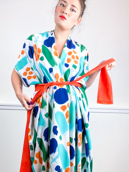 OOAK Hand-Dyed High Low Kimono Indigo Tangerine Emerald Parakeet Confetti